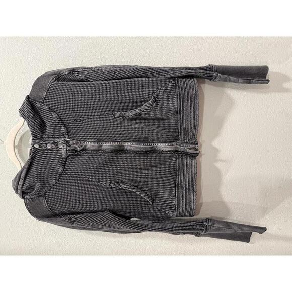 Free People Women's Mason Hoodie in Acid Wash Black,Waffle Knit Zip-Up Hoodie - Picture 3 of 8